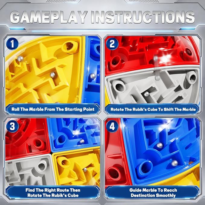3D Maze Cube Ball Puzzle Brain Teaser for Adults & Kids, Educational Learning Toys Logical Thinking, Family Board Games Tabletop, Durable Puzzle Cube (White&Blue&Red&Yelllow-D, 3.3x3.3x3.3)