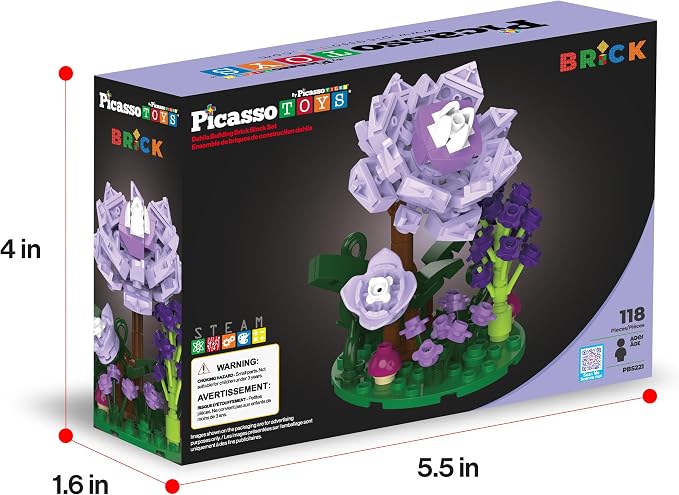 PicassoTiles 118pc Flower Garden Building Block Set STEM Educational Toy Kids Ages 3 and Up Creative DIY Floral Arrangement Construction Kit for Boys Girls Fun Learning Purple Dahlia Playset PBS221