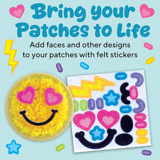Creativity for Kids Make Your Own Latch N' Patch Fuzzy Stickers Kit | Assemble, Trim & Decorate 5 DIY Yarn Patches | Mess-Free Latch Hook Craft | Sleepover & Screen-Free Kids Activity (Ages 7+)
