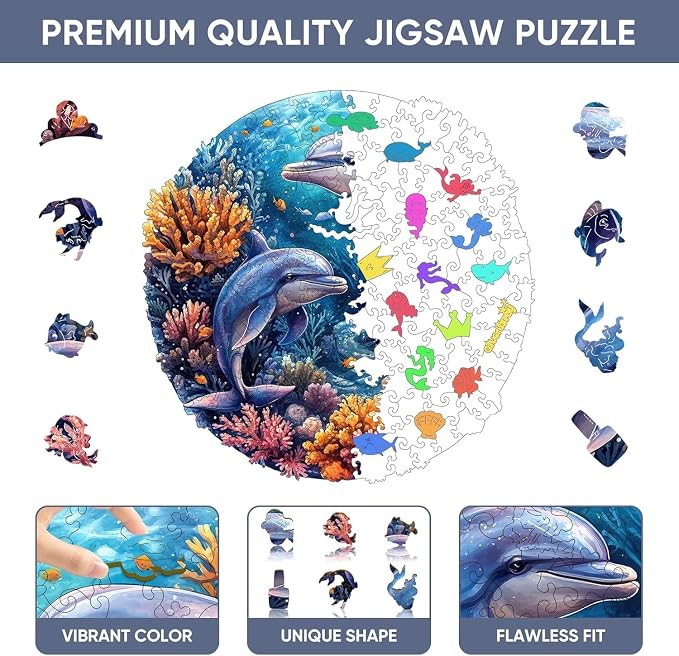 Qiuenisray Wooden Puzzles for Adults, Dolphins Jigsaw Puzzles 200 Pieces | FSC Certified Unique Shape Ocean Puzzles 11.2x11.2 in, Beautiful Decor, Unique Wood Puzzle, Creative Gift for Family Game