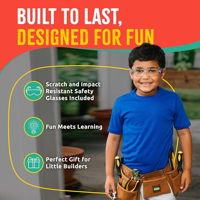 Kids Brown Tool Belt, Adjustable Tool Belt for Toddlers and Kids | Dress-Up Construction Costume for DIY Woodworking and STEM Learning