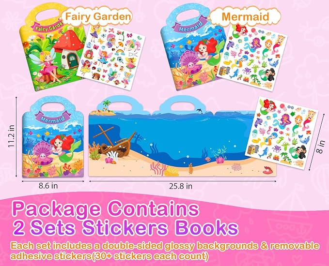 Reusable Sticker Books for Toddlers 1-3 Girls, 2 Pack Jelly Sticker Book with Mermaid & Fairy Themes, Dress Up Sticker Activity Travel Toys for Girls 2-4, Birthday Gifts Holiday Stocking Stuffers