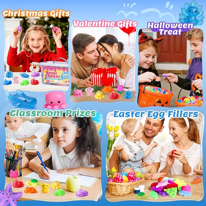 VISCOO 200 Pack Squishy Toys, Mochi Squishy Bulk, Kawaii Squishies for Kids | Stress Relief Sensory Toys, Treasure Box Toys for Classroom Prizes, Easter Basket Stuffers,Goodie Bags Fillers Party Favors