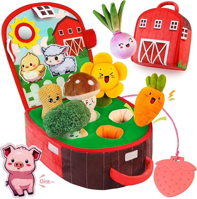 Baby Toys 6-12 Months, Farm Vegetable Garden Plush Toy with Animal Finger Puppets, 6 Month Old Montessori Sensory Toys with Rattles, Squeaker, Textures, Teether, Birthday Boy Girl Gifts