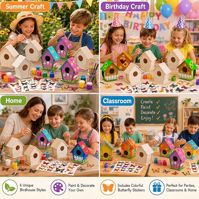Sawysine 107 DIY Birdhouse Kits, Wooden Bird House Multiple Entrance | 48 Wooden Bird House Kits in 6 Shapes and 57 Butterfly Sticker for Children Fall Craft Activity Art DIY Project