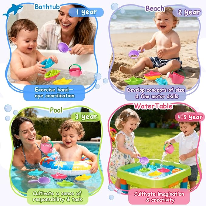 Baby Bath Toys, Mold Free Bath Toys Toddlers 2-4 | Fun Bath Time Play with Stacking Shark Boats, Watering Can & Scoop for Kids Ages 1-3, Toddler Gifts