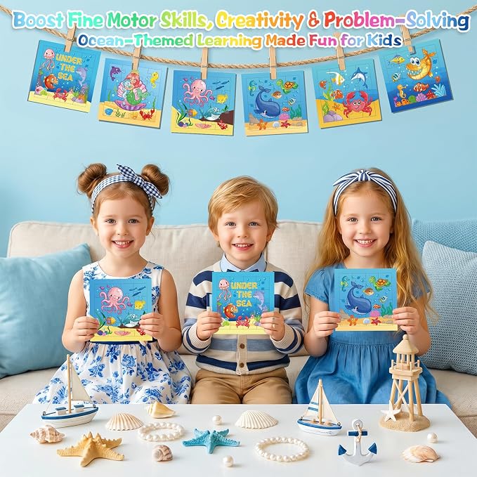 Fennoral 24 Pack DIY Coloring 0cean Animal Jigsaw Puzzle Craft Kit for Kids | Blank Color Your Own Jigsaw Puzzle with Base Design, 4.7 Inch Summer Bulk Crafts for Classroom & Ocean Theme Party Favors