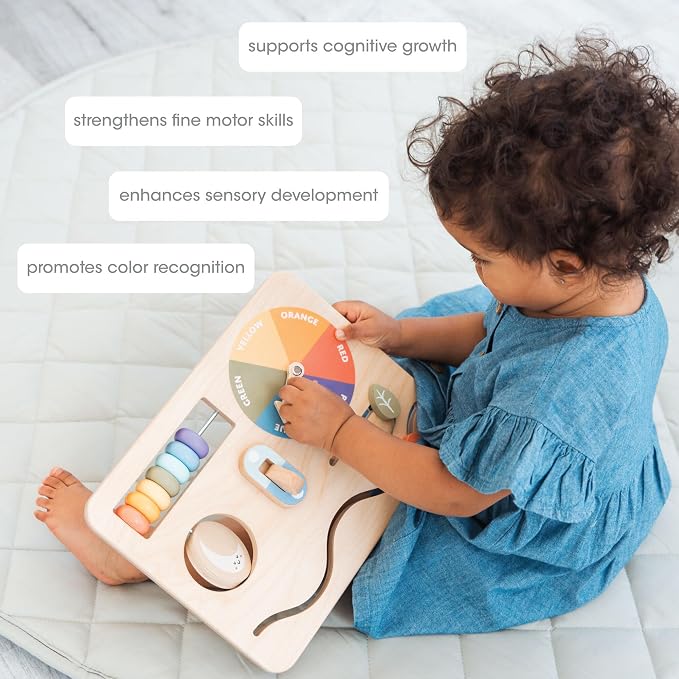 Pearhead Busy Board for Toddlers, Wooden Montessori Sensory Toy | FSC-Certified Design, Built-In Stand, Travel Activities, Color Recognition, Ages 1+