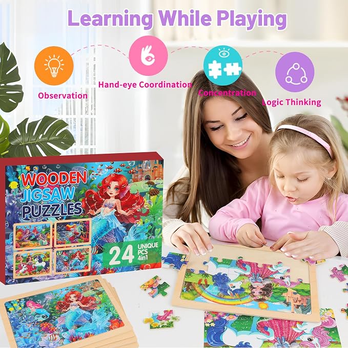 Puzzles for Kids Ages 4-6, 4-Pack 24-Piece Wooden Kids Puzzles | Unicorn, Mermaid & Princess Themes | Educational Puzzles for Kids Ages 3-5, Age-Appropriate Learning Toys, Ages 3+