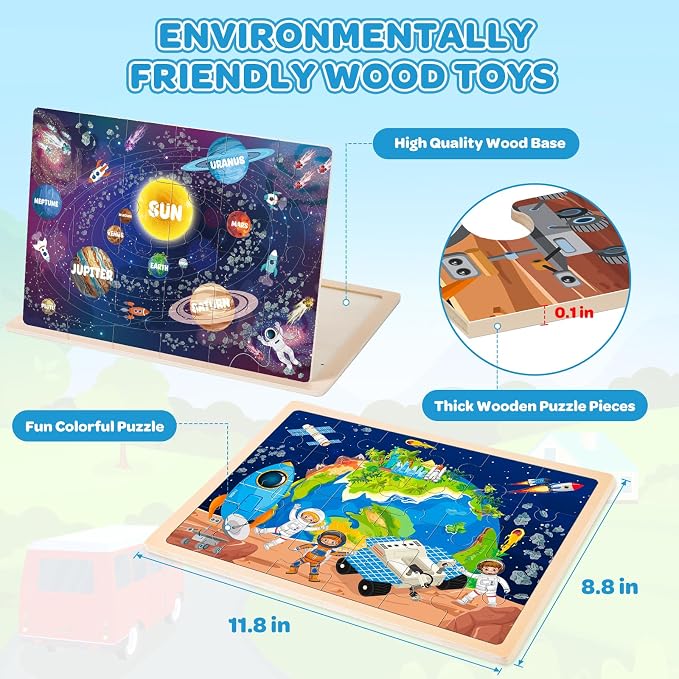 4-Pack Wooden Puzzles for Kids Ages 3-5, 24-Piece Geography Space Set | Toddler Puzzles Ages 3-5, Preschool Puzzles with Wooden Jigsaw Boards for Fine Motor Skills, Shape Recognition and Travel