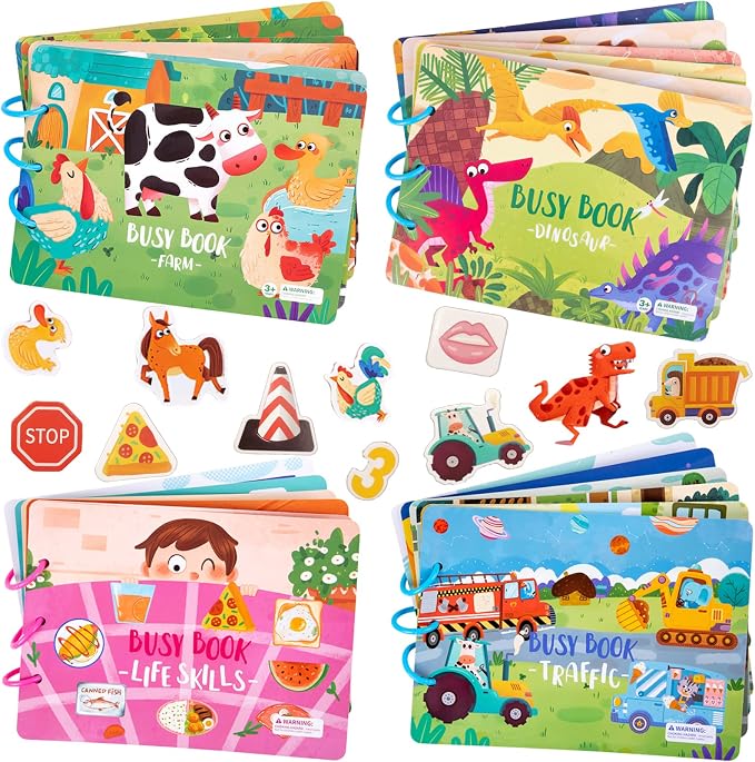 4 Pack DIY Montessori Busy Book, Montessori Quiet Book for Kids, Vehicle Life Skill Farm Dinosaur Preschool Learning Activities Learning & Education Toys