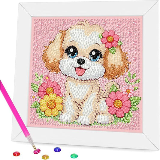 Gemozaic Dog Diamond Art Kits for Kids Ages 4-8-12 with Frame, 7 x 7 Inch | Cute Puppy Diamond Art for Kids 4 6 10 Year Old, Easy Kid Big Gem Painting, DIY Animal Arts and Crafts for Girl Birthday Gift