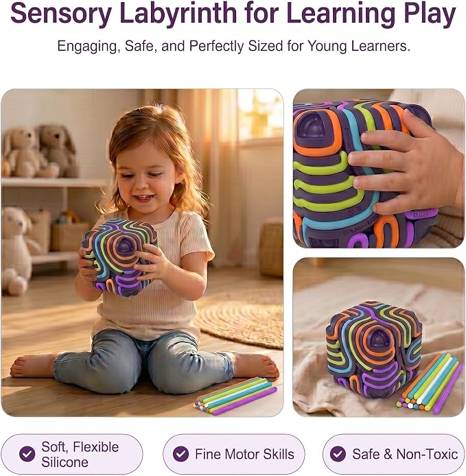 Sensory Activity Board Cube Fidget Toys for Kids & Adults - Zero Noise Silicone Quiet Toddler Travel Toys for Car Rides & Airplane - Autism ADHD Calming Toy Gift Stuffers with 15 Strings