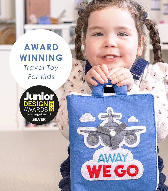 Curious Columbus Away We Go Busy Book, Fabric Travel Activity Quiet Book | 10 Colorful Vacation-Themed Pages, Motor Skill Activities, Sewn-In and Removable Pieces, 3D Pop-Ups, Airplane Travel Toy
