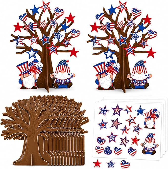 Cinrobiye 30 Set 4th of July Craft Kit, DIY Patriotic Tree Craft Activity for Independence Day Classroom Activities, USA Party Favors, Holiday Decorations and Summer Crafts