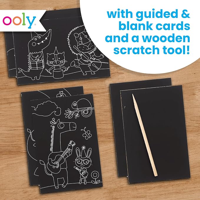 Ooly Mini Scratch & Scribble Art Kit, 6 Cards – Safari Party | Ages 6+, Wooden Stylus Included, Compact Car and Airplane Travel Activity, Screen-Free Craft, Fun Gift for Kids