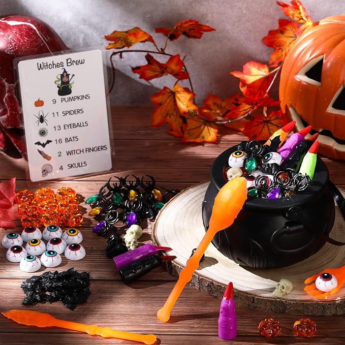 WinnerWhy 117 Pcs Halloween Sensory Bin Whistle Gold Spider Gift Set | Gold Spider Rings, Whistles, Eyeball Bat Skull Pumpkin, Cognitive Cards Sorting Counting, Fine Motor Sensory Training