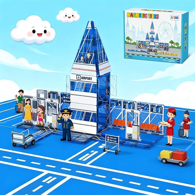 AFUNX Airport Magnetic Tiles Building Set for Kids Ages 3+ | Strong Magnets, Compatible with Major Magnetic Tile Brands,Pretend Play, Creative Building,Gift Ready