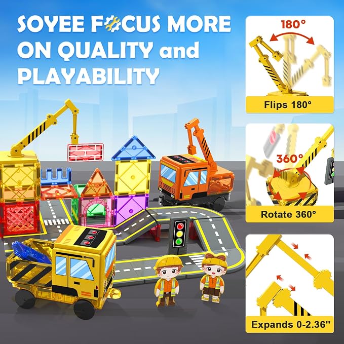 Soyee 102 PCS Magnetic Tiles with 2 Cars & 2 Cranes | Magnet Construction Building Kids Toys for Creative Play and STEM Learning Boys Toys & Gifts for 3-12