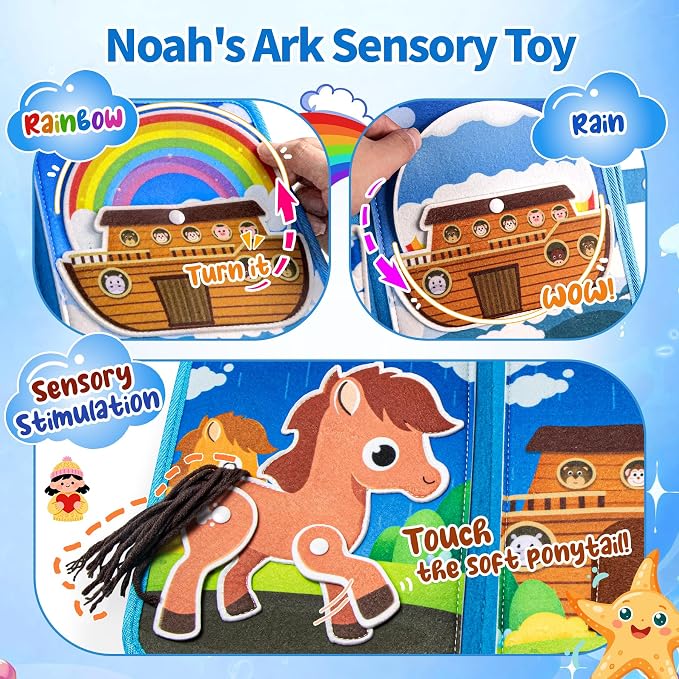 Noah's Ark Toy Busy Book for Toddlers 1-3 - Baptism Gifts for Boys & Girls - Montessori Toys for 1 Year Old，Learning Educational Sensory Activity Book,Birthday Toddlers Gifts for Travel Airplane