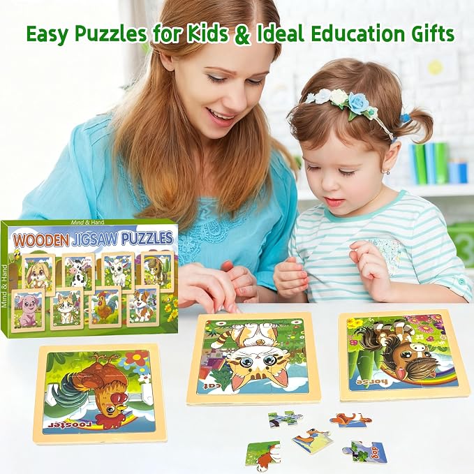 Wooden Farm Puzzles for Toddlers, 8 Pack 9 PCS Jigsaw Puzzles for Kids | Wooden Puzzles for Toddlers 3-5, Animal Puzzles for Kids 3-5, Preschool Puzzles Learning Educational Sets Toys