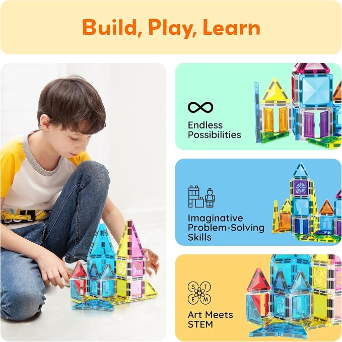 PicassoTiles Magnet Tile Building Blocks 48 Piece Travel Sized Playset with Windows and Clip-on Doors Construction Stacking Magnetic Tiles Block Learning Educational STEM Toy Boys Girls Age 3+ PTM48