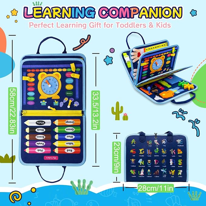 Montessori Busy Board for Toddlers, 8 Pages 30+ Activities Sensory Toy, Toddler Learning Toys with ABC Numbers Shapes, Travel Toy, Preschool Educational Gift for Boys Girls, Blue Dinosaur