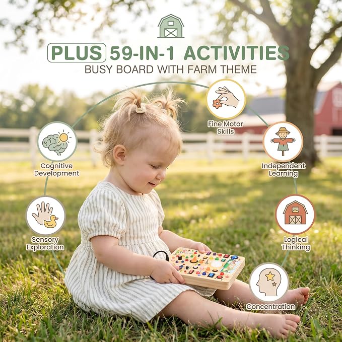 RichBoy Busy Boards, Lights Switch-Style, Wooden, 59-in-1, Large | Toddlers Birthday Gifts, Montessori Toys, Autism Sensory, Fine Motor Skills, Educational Learning, Travel Essentials