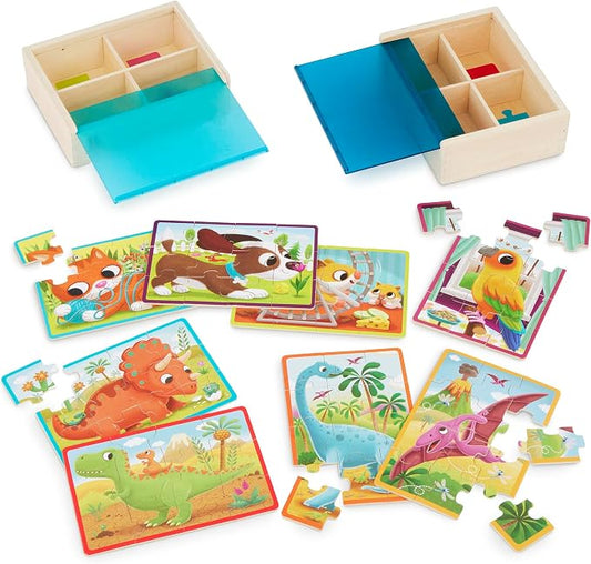B. toys Wooden Puzzles Pack o' Puzzles Pets & Dinos 2-Pack Set, 2 Pack | 8 wooden jigsaw puzzles in 2 storage boxes; 12 pieces each, pet and dinosaur themes, color-coded backs, 2 Pack; 3+ Years