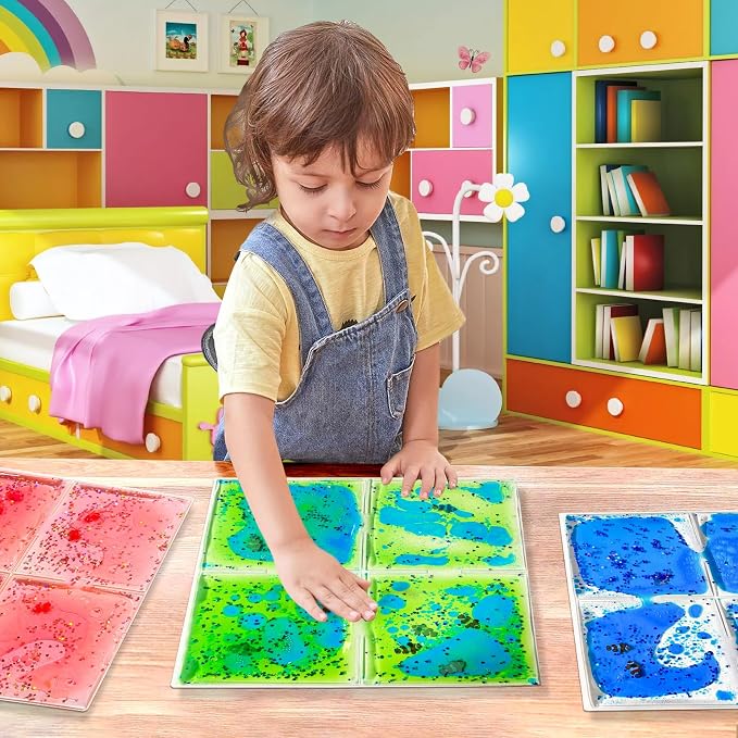 Onyoloy Liquid Sensory Soft Gel Tiles - 12" x 12" Square Multicolor Sensory Toys - Set of 9, Water Sensory Toys for Nurseries, Playrooms, Toddlers and Kids with Autism.