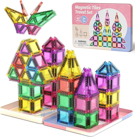 WMDXU Travel Magnetic Tiles Set : 42PCS Travel Set with Iron Box for Girls | Sensory Building Blocks, Bright Colors & Shapes Boost, Iron Box Prevents Lost Pieces, Perfect for On-the-Go Play