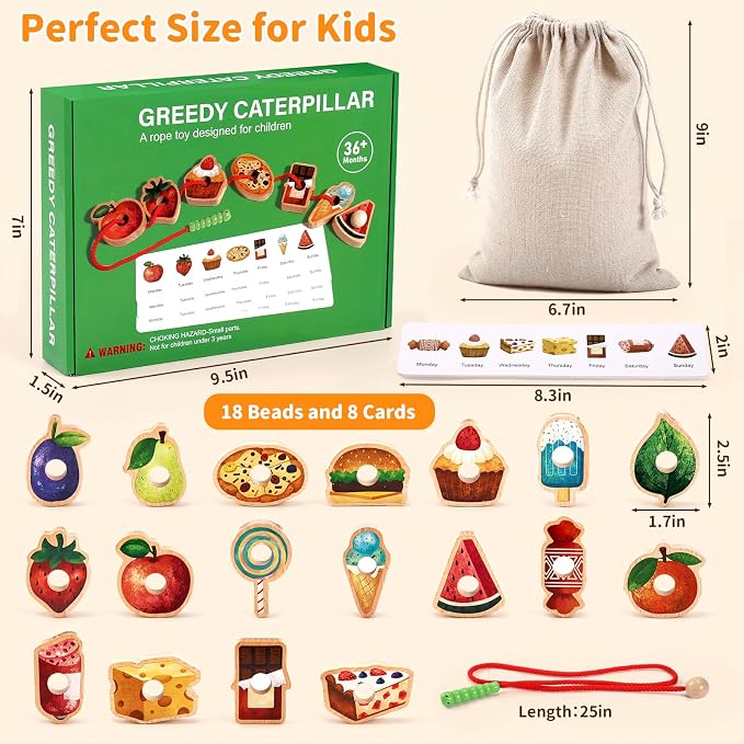 Wooden Caterpillar Lacing Toy for Fine Motor Skills, Ages 2-5 | 2.5-inch wooden beads, 8 pattern cards, 18 fruit and vegetable pieces, and a fine motor lacing game for ages 2–5