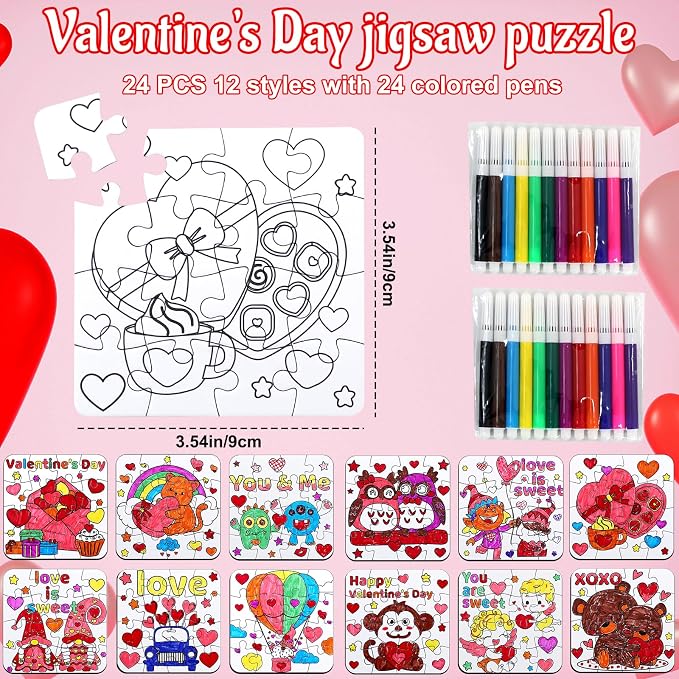 24Pcs Valentines Day Crafts Gifts Kits for Boys, Girls & Adults, Valentine's Arts and Crafts DIY Puzzle with Chocolate Cake Heart Owl, Jigsaw for Classroom Activities Party Favors Exchange Supplies