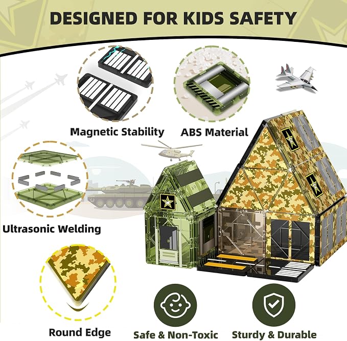 GobiDex 100PCS Army Magnetic Tiles Building Set, STEM Toys for Boys 3+ | Military Magnetic Blocks Building Toys for Kids Ages 4-8, STEM Educational Construction Toys, Birthday Gifts for Boys Girls
