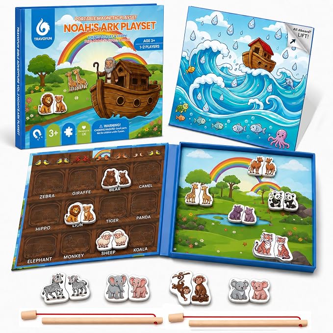 Travofun Magnetic 4-in-1 Animal Game | Travel Toys for Toddlers Ages 3-5 | 4-in-1 travel toy with magnetic fishing, animal matching, spelling, and story play in a colorful Noah's Ark picture scene.