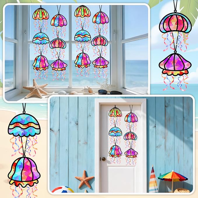 Qyeahkj 36 Set Jellyfish Suncatchers Craft for DIY Ocean Window Tissue Paper Craft Kit Under the Sea Stained Glass Window Ornaments Decoration for Home Art Project Summer Jellyfish Party Favor Gift