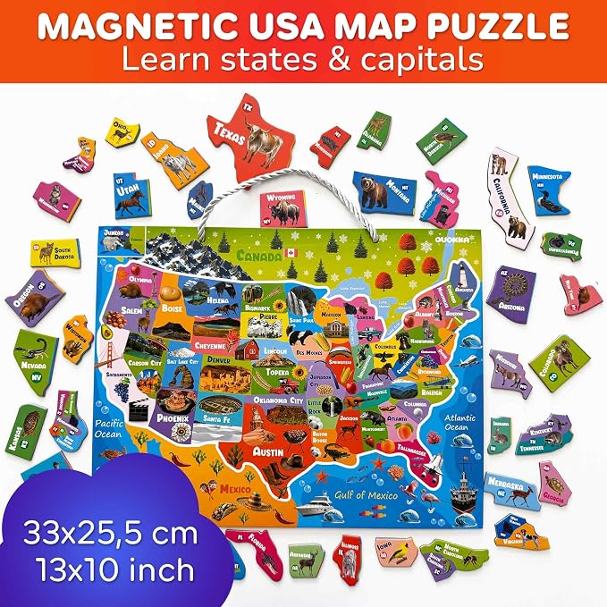 Magnetic Puzzles for Kids Ages 4-6 - USA Map Puzzles for Toddlers 3-5 | Montessori Realistic Educational Toys for Kids - United States Geography Learning Games for 5-8 Years Old