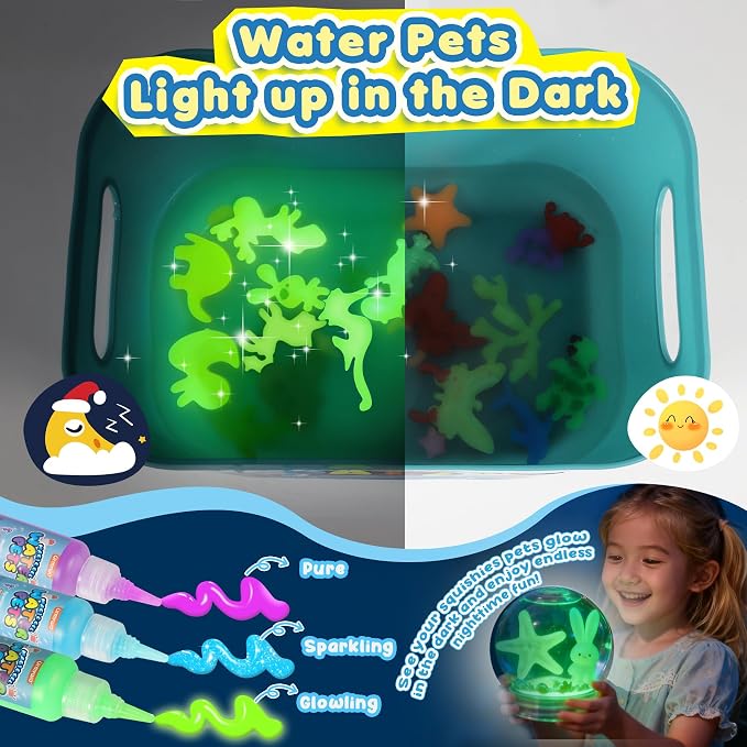 URMYWO Magic Water Elf Toy Kit, Aqua Fairy Gel Kit, DIY Squishy Maker Set | 20 Gels & 24 Molds,Make Your Own Squishies,Water Pets with Glow,Glitter Gels,Creative Sensory Craft Gift for Kids Ages 4+