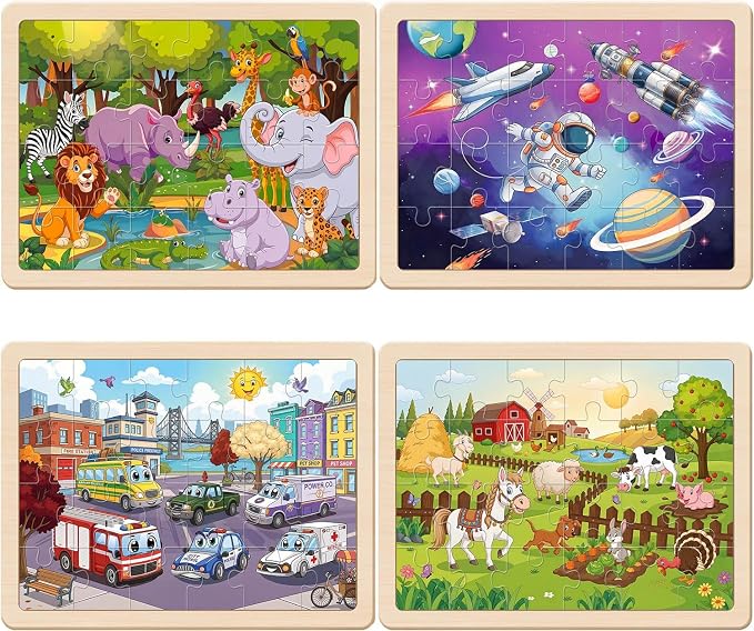 Puzzles for Kids Ages 4-6, 24 Pcs Wooden Farm, Animals, Space, and Emergency Vehicle Jigsaw Puzzles for Kids Ages 3-5, Preschool Educational Puzzles Boards Toys Gifts for 3 4 5 6 Boys Girls