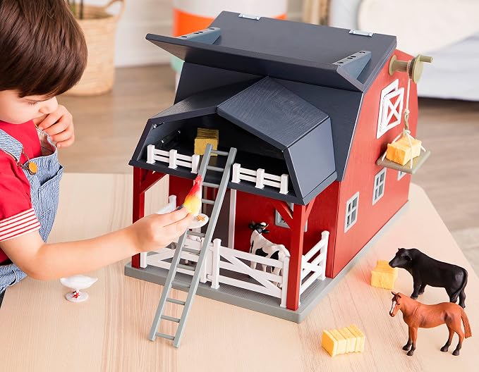 Terra by Battat – 20 Pieces Wooden Animal Barn Toy Set – Farm Animals & Play Fence – Pretend Play for Toddlers & 3+ Years – Educational Toys – Farmhouse Playset | Wooden farm toy set with 1 barn, 10 fences, ladder, 4 hay bales, 2 troughs, pulley tray a...