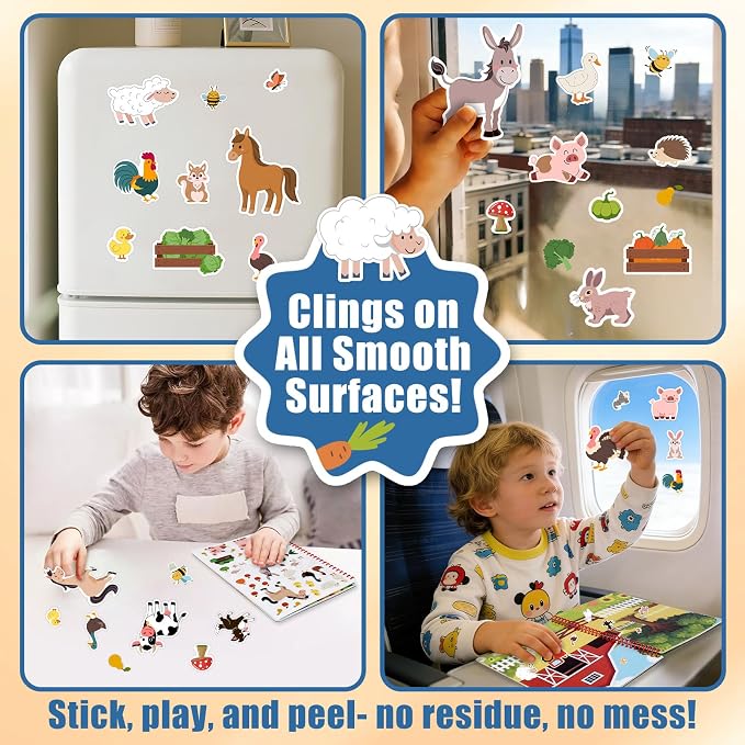 Jelly Sticker Book for Kids 3-5, Reusable Sticker Books for Toddlers | Waterproof Easy to Clean Road Trip Activities, Easter Basket Stuffers & Travel Essentials (Farm)