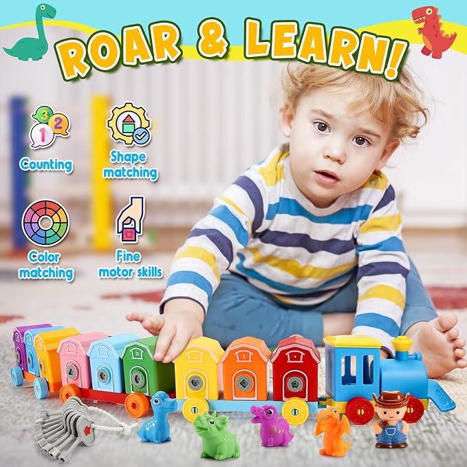 Toddler Montessori Learning Toys for 2 3 4 5 Year Old Boys, Kids Dinosaur Train Matching Toys with Locks & Keys | Counting & Sorting Trains Set, Preschool Toy Boy Girls Birthday Gifts Ages 2-4 3-5