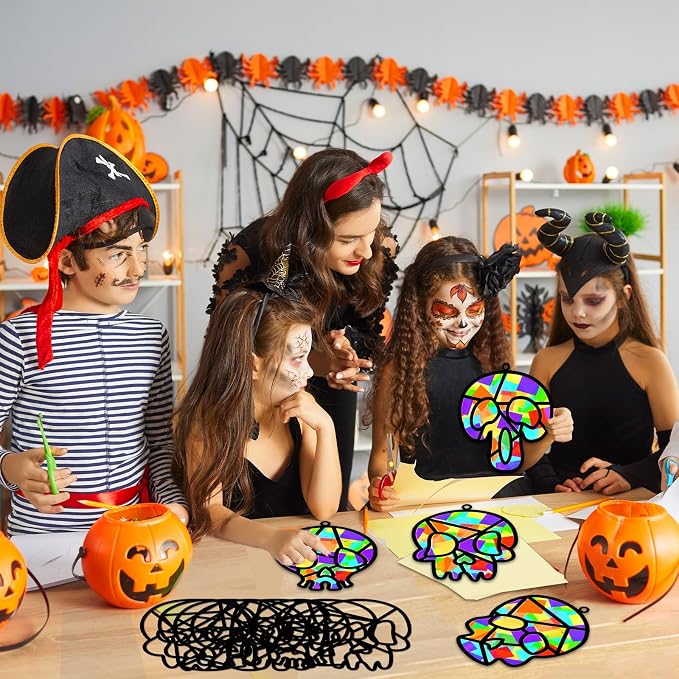 Lonfliness 32 Sets Sugar Skull Suncatchers Crafts Kit DIY Day of The Dead Window Stained Glass Effect Paper Halloween Dia de Los Muertos Easter Art Craft Creative Activity Project Gift Favor