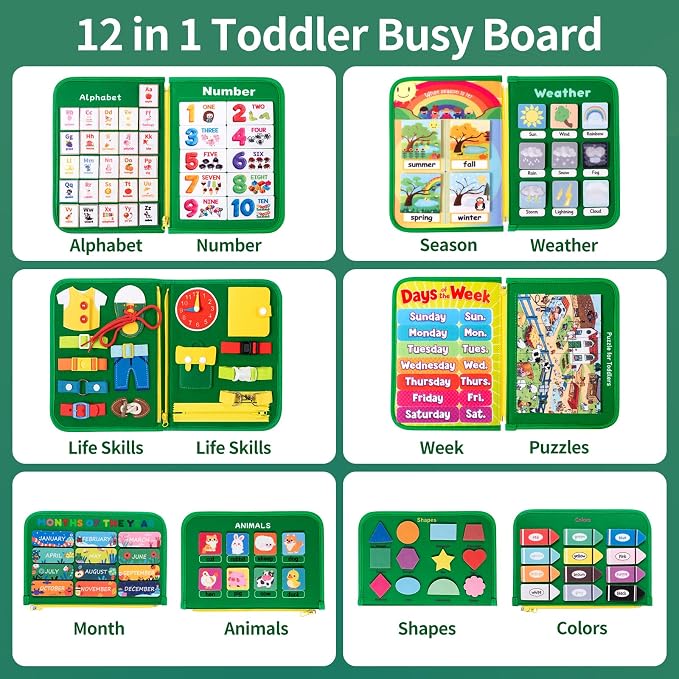 Toddler Busy Board Montessori Toys for Kids, Educational Learning Busy Book | 24 in 1 Toddlers Sensory Motor Skills Activity ,12-Page Quiet Travel Toy for Car Airplane, Boy Girl Birthday Gifts (Dinosaur)