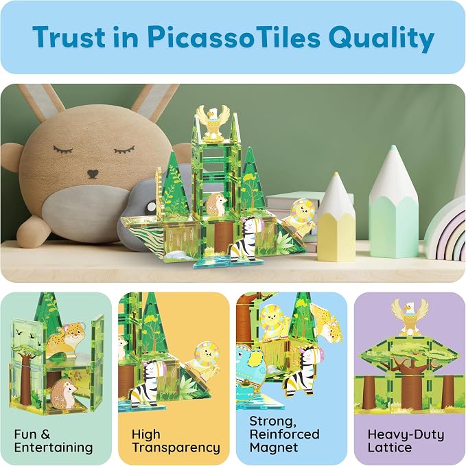 PicassoTiles Magnet Tile Building Block Safari Themed Set with 8 Compatible Magnetized Animal Action Figures Build Blocks Toddler Creativity Toys STEAM Educational Learning Skills Ages 3+ PTQ12