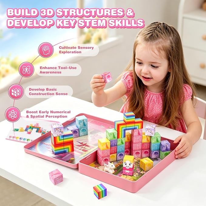 Mini Magnetic Blocks Travel Set with Magnetic Case-52 PCS Magnet Building Cubes Unicorn Toys for Kids 3-5, Toddler Travel Toys Airplane Essentials, STEM Montessori Toys Christmas Stocking Stuffers