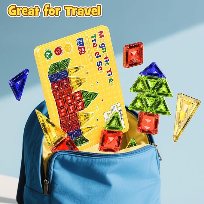 40PCS Magnetic Tiles Travel Storage Diamond Blocks 10% Thicker 3+ | Magnetic tiles with diamond texture & yellow box. Great for travel, car rides, Montessori play & on-the-go fun