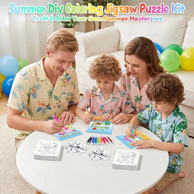 Fennoral 24 Pack DIY Coloring Summer Jigsaw Puzzle Craft Kit for Kids | Make Your Own Jigsaw Puzzle with Base Design, 4.7 Inch Bulk Craft Supplies for Classroom, Luau Party & Birthday Gifts