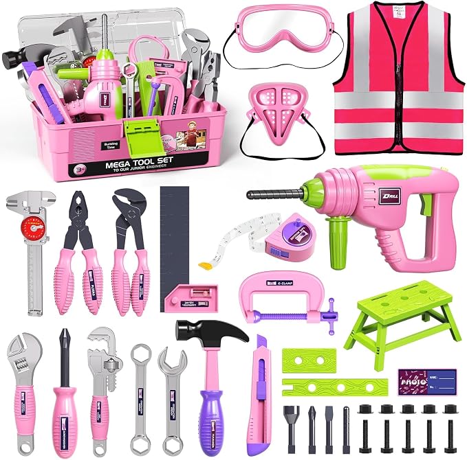 Kids Tool Set for Grils with Electronic Toy Drill & Tool Box | Toddler Tool Set STEM Pretend Play Construction Toys with Costume Vest, Girl Toys for 3 4 5 6 7 Year Old