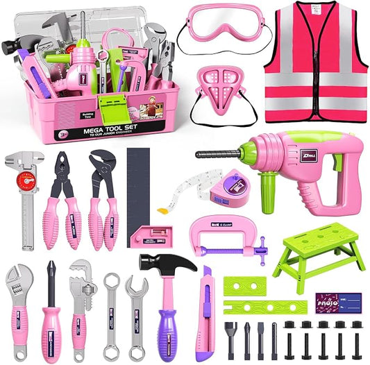 Kids Tool Set for Grils with Electronic Toy Drill & Tool Box | Toddler Tool Set STEM Pretend Play Construction Toys with Costume Vest, Girl Toys for 3 4 5 6 7 Year Old
